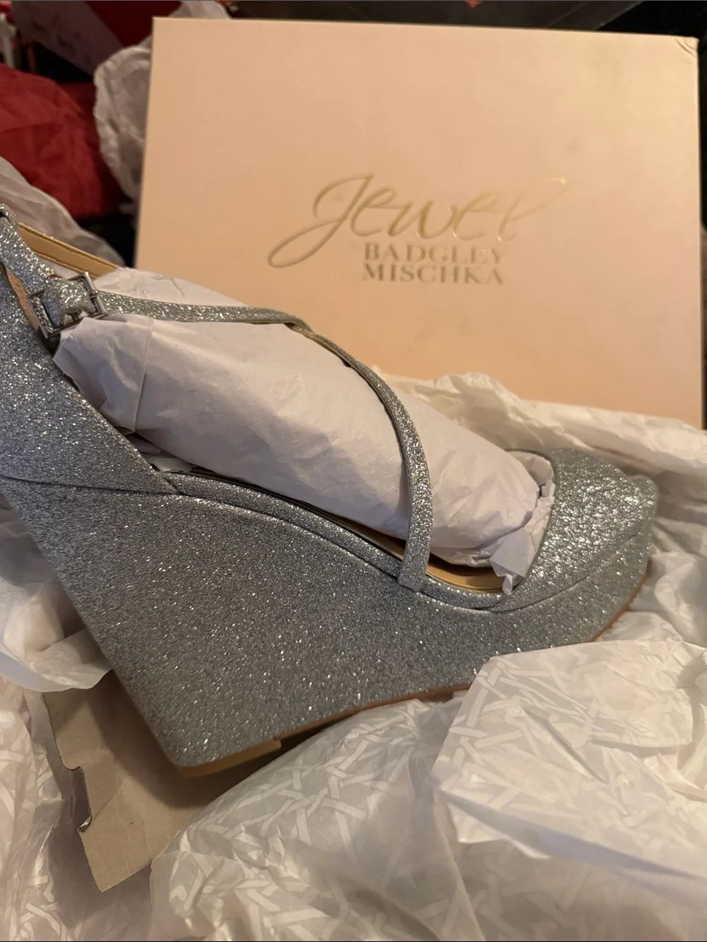 Badgley Mischka Silver Glitter Wedge Sandals with Ankle Strap